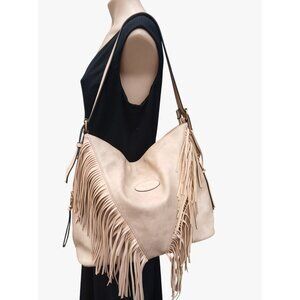 Oukupa Beige Faux Leather Fringe Shoulder Bag Purse Hobo Pocket Vegan Western